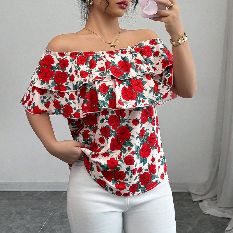 Ženska Majica s Uzorkom Ruža i Volanima | Slim Fit | Veličine S–XL