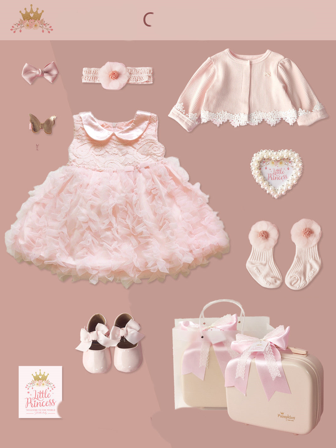 MINIKID Poklon Set za Bebe – Haljinica, Cipelice i Dodaci u Elegantnoj Kutiji