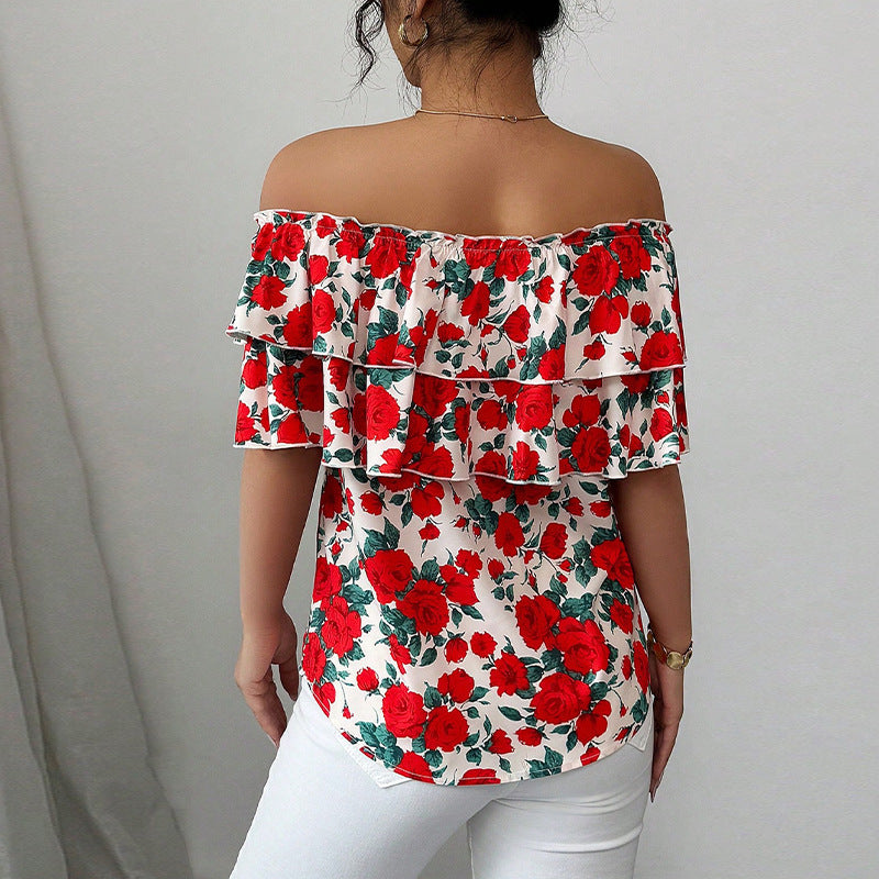 Ženska Majica s Uzorkom Ruža i Volanima | Slim Fit | Veličine S–XL