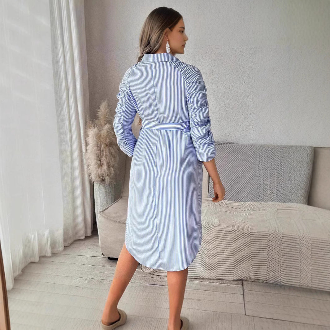 Asimetrična Haljina s Prugama i Dugmadima | Midi Kroja za Elegantnu Svakodnevicu | S–XL