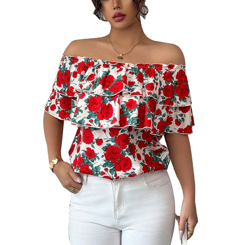 Ženska Majica s Uzorkom Ruža i Volanima | Slim Fit | Veličine S–XL