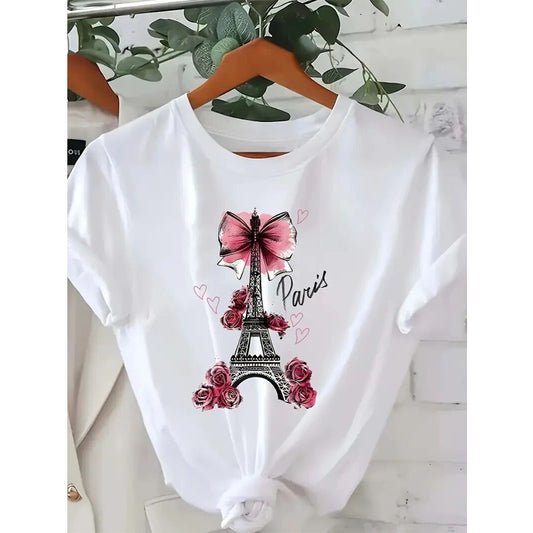 Ženska “Parisian Chic” Majica | Eiffelov Toranj i Cvjetna Mašna | Romantični Ljetni Stil | S–XXL