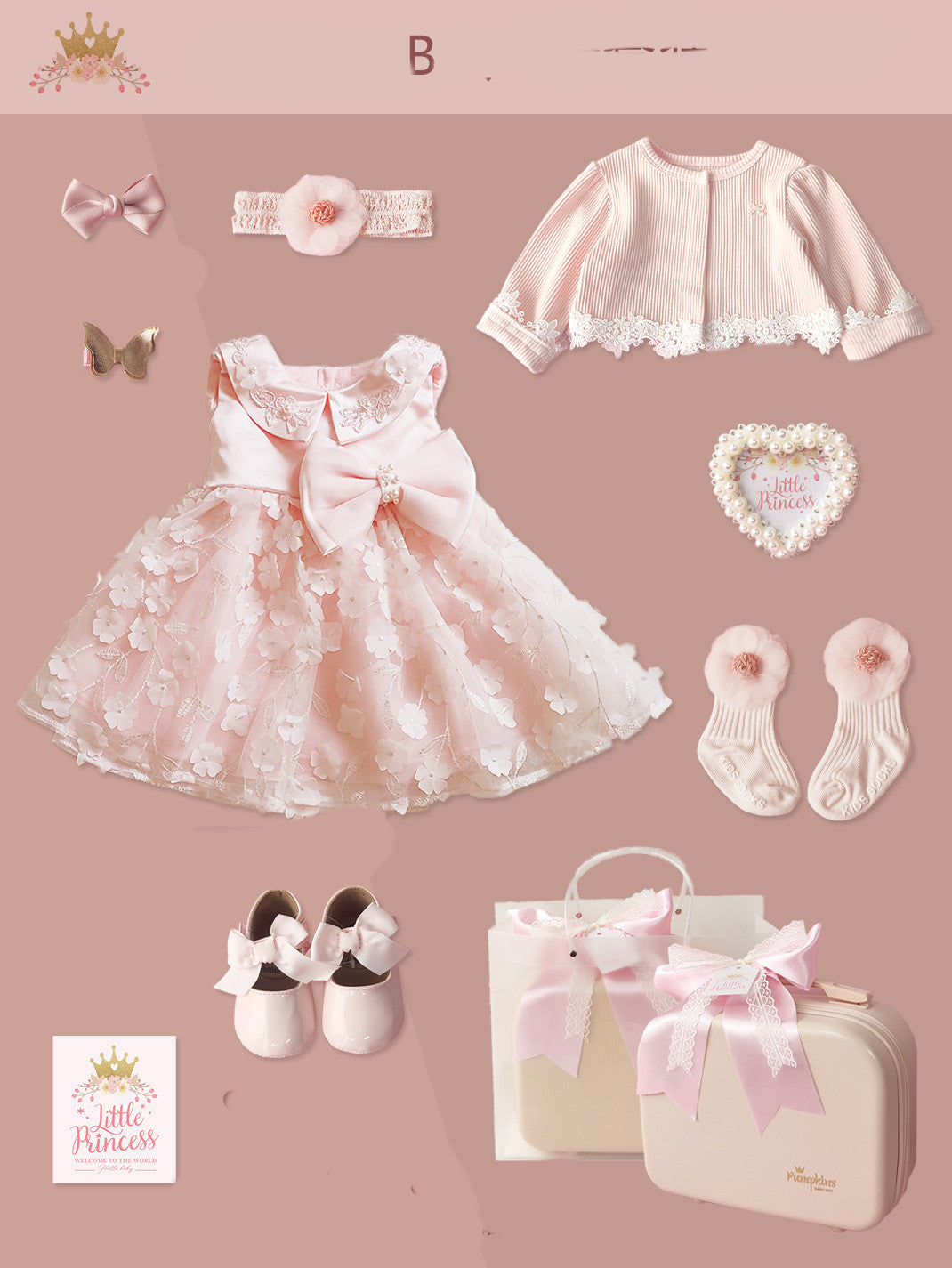 MINIKID Poklon Set za Bebe – Haljinica, Cipelice i Dodaci u Elegantnoj Kutiji