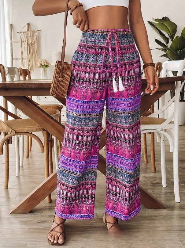 Ženske Retro Hlače Ravnog Kroja – Umjetnički Stil | S–XXL | Roza, Plave, Ljubičaste