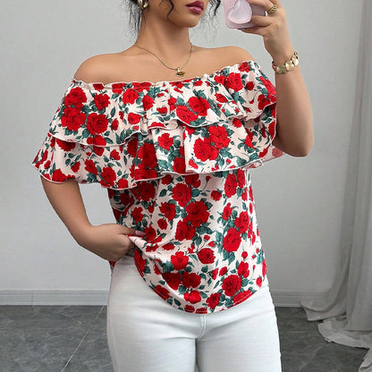 Ženska Majica s Uzorkom Ruža i Volanima | Slim Fit | Veličine S–XL