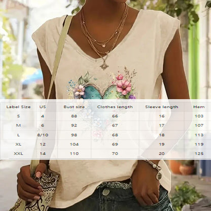 Ženska majica s V-izrezom i cvjetnim srcem | Ljetni casual top | S-XXL