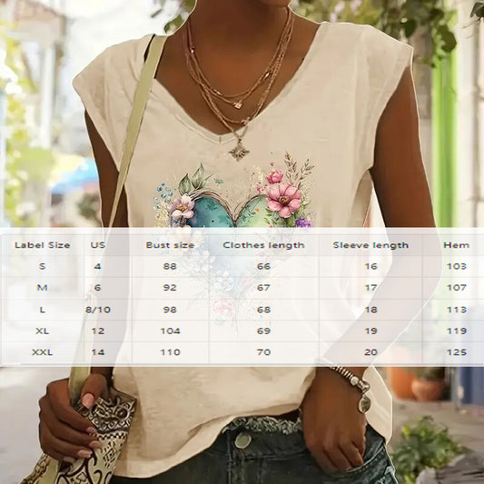Ženska majica s V-izrezom i cvjetnim srcem | Ljetni casual top | S-XXL