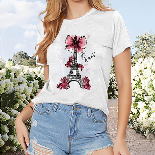 Ženska “Parisian Chic” Majica | Eiffelov Toranj i Cvjetna Mašna | Romantični Ljetni Stil | S–XXL