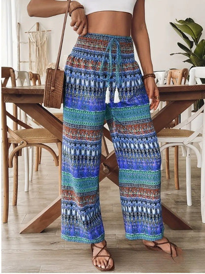 Ženske Retro Hlače Ravnog Kroja – Umjetnički Stil | S–XXL | Roza, Plave, Ljubičaste