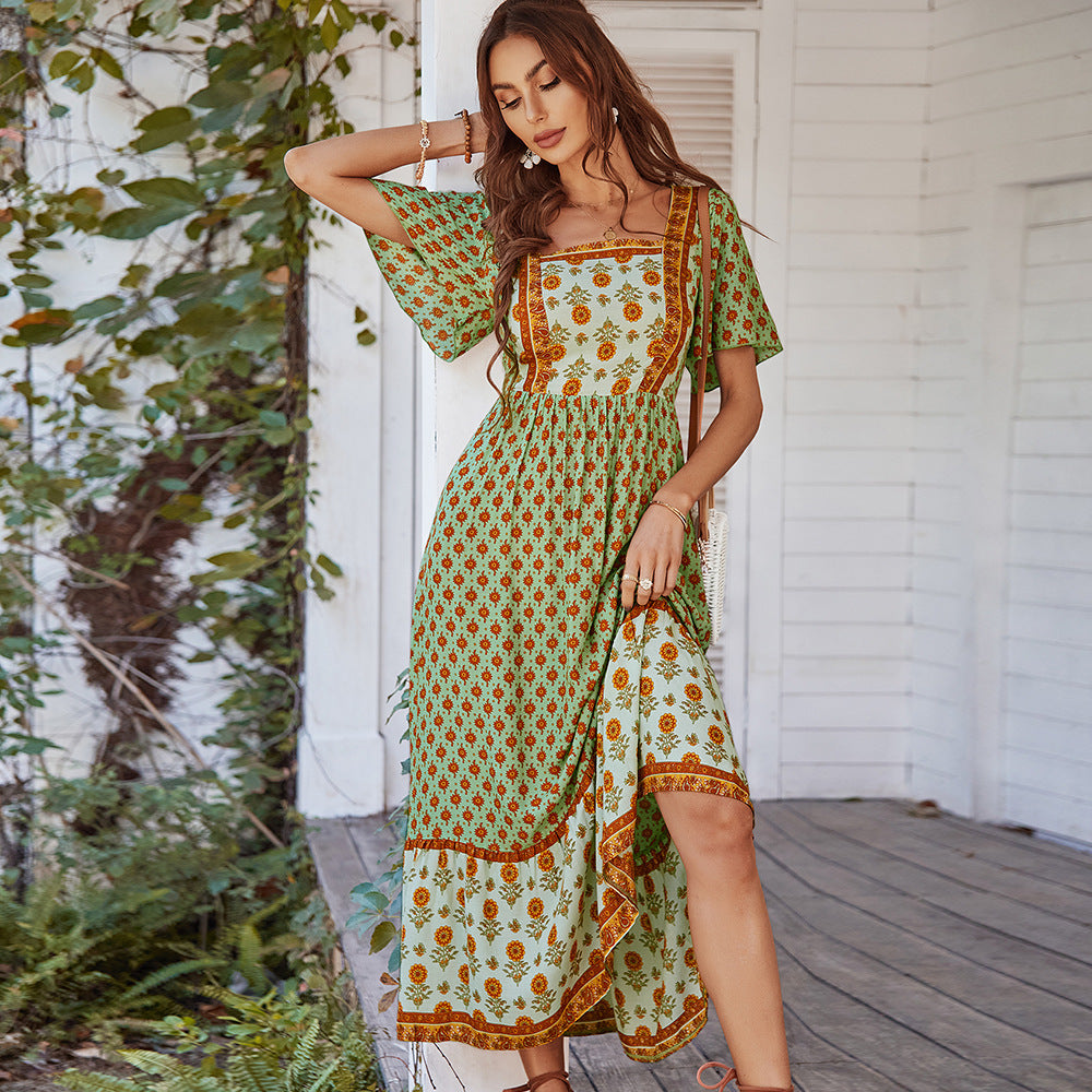 Midi Haljina A-Kroja s Printom – Pamuk & Rayon | S–XL | Roza, Žuta, Narančasta, Zelena