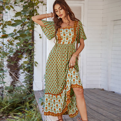 Midi Haljina A-Kroja s Printom – Pamuk & Rayon | S–XL | Roza, Žuta, Narančasta, Zelena