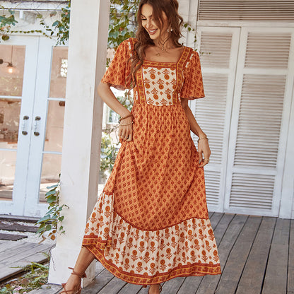Midi Haljina A-Kroja s Printom – Pamuk & Rayon | S–XL | Roza, Žuta, Narančasta, Zelena