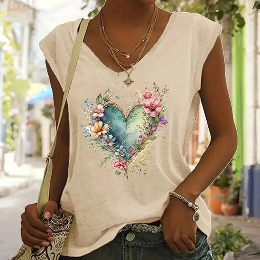 Ženska majica s V-izrezom i cvjetnim srcem | Ljetni casual top | S-XXL