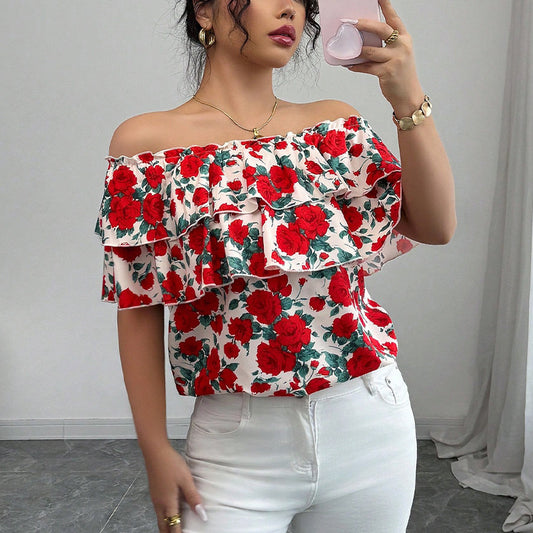 Ženska Majica s Uzorkom Ruža i Volanima | Slim Fit | Veličine S–XL