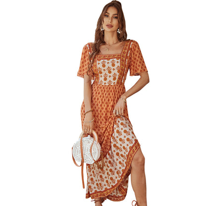 Midi Haljina A-Kroja s Printom – Pamuk & Rayon | S–XL | Roza, Žuta, Narančasta, Zelena