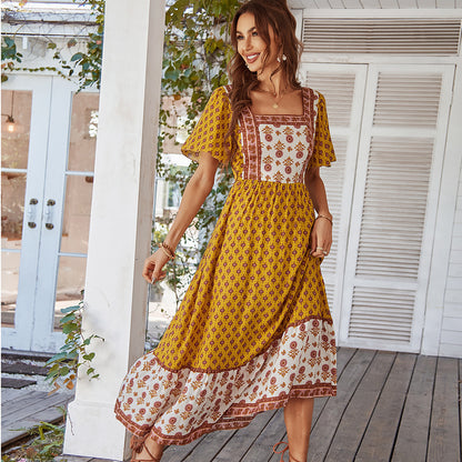 Midi Haljina A-Kroja s Printom – Pamuk & Rayon | S–XL | Roza, Žuta, Narančasta, Zelena