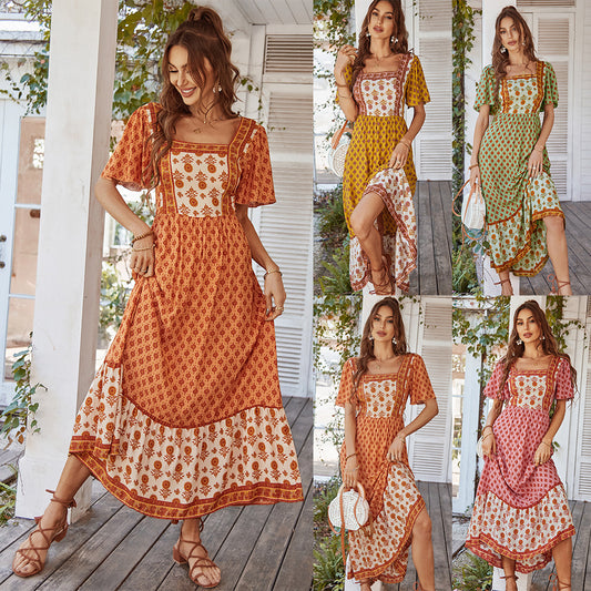 Midi Haljina A-Kroja s Printom – Pamuk & Rayon | S–XL | Roza, Žuta, Narančasta, Zelena