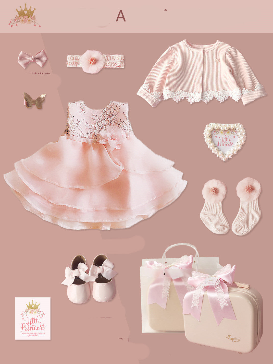 MINIKID Poklon Set za Bebe – Haljinica, Cipelice i Dodaci u Elegantnoj Kutiji