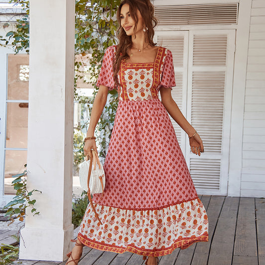 Midi Haljina A-Kroja s Printom – Pamuk & Rayon | S–XL | Roza, Žuta, Narančasta, Zelena